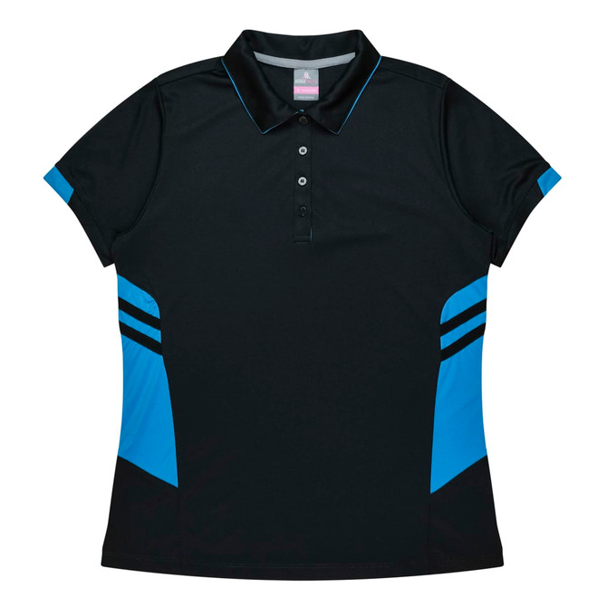 A black polo shirt with blue accents and a logo, featuring a collared neckline and short sleeves.
