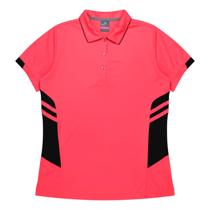 A pink polo shirt with black side panels and a collar, featuring a logo on the chest area.