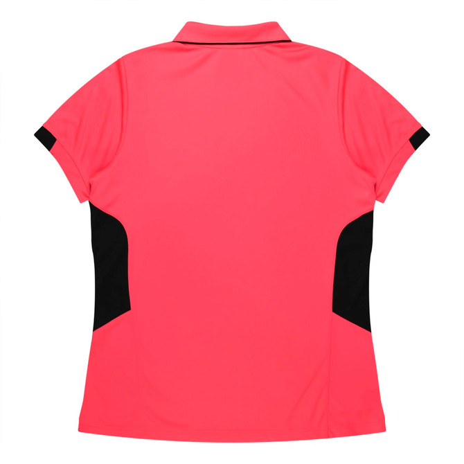 A pink polo shirt with black side panels and a collar, featuring a branding logo.