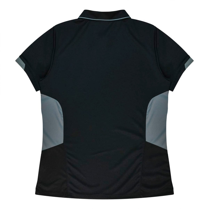 A black polo shirt with grey accents on the sides and back. The shirt features a collar and a logo.