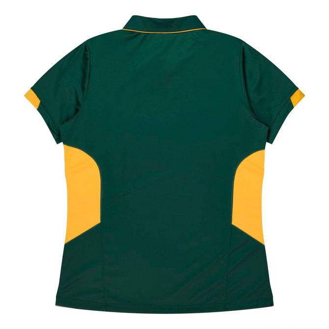 A green and yellow polo shirt with a fitted design and a collar, featuring a logo on the back.