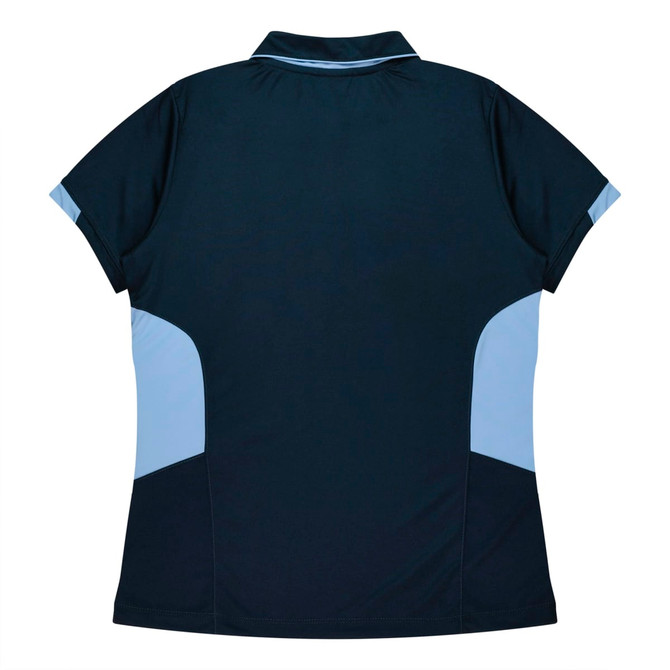 A navy blue polo shirt with light blue panels and a logo on the back.