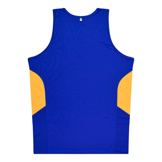 A blue and yellow singlet featuring a logo on the side. The back is solid blue with contrasting yellow panels.