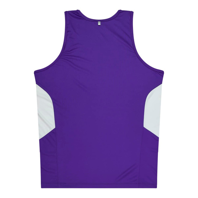 A purple singlet featuring white side panels and a logo on the back. Ideal for casual wear or active use.