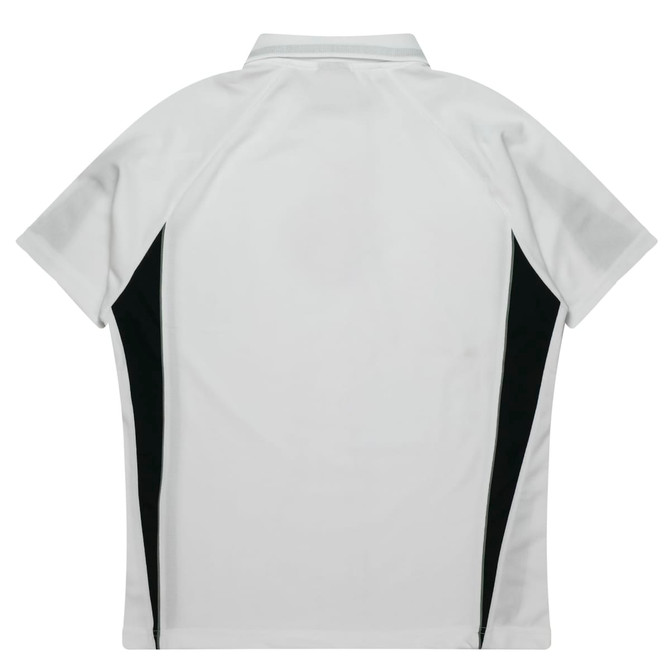 A white polo shirt with black side panels and a collar. The back view is shown, featuring a logo.