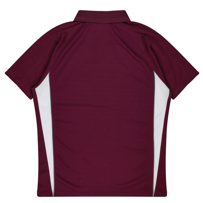 A maroon polo shirt with white side panels and a classic collar. Features a branding logo.