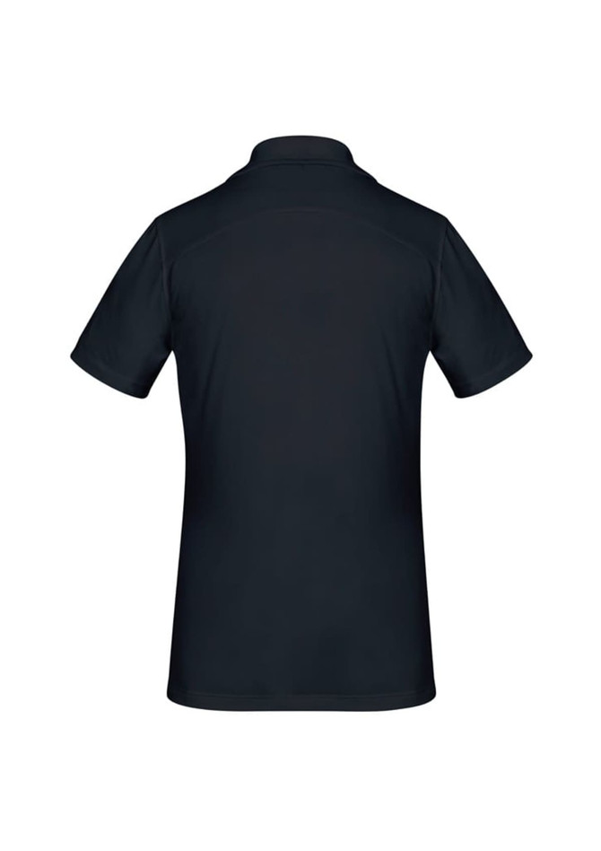 A navy women's short sleeve polo shirt with a smooth texture and a collar. It features a branding logo.