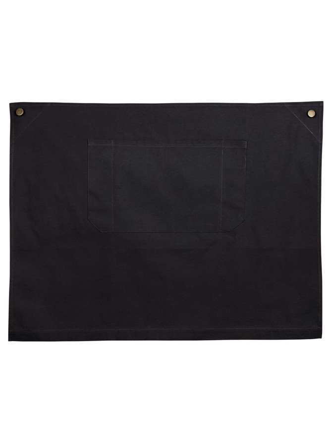 A black canvas short waist apron featuring a front pocket and two brass buttons at the top.