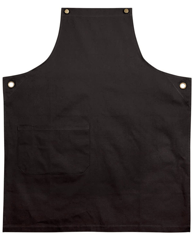 A black canvas bib apron featuring a front pocket and gold-toned buttons. It has a simple, classic design.