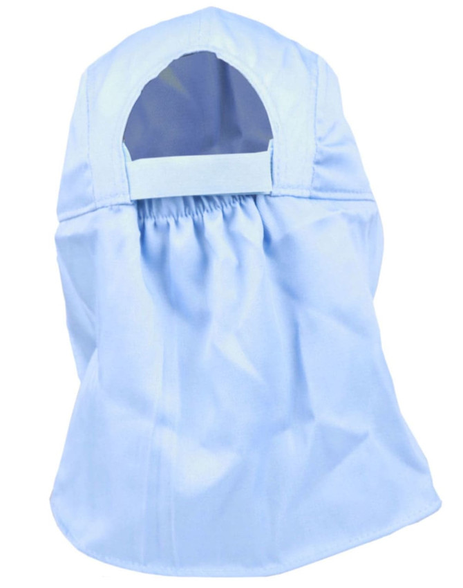 A light blue poly cotton legionnaire hat with a covered back and elastic gathering. Features a logo on the side.