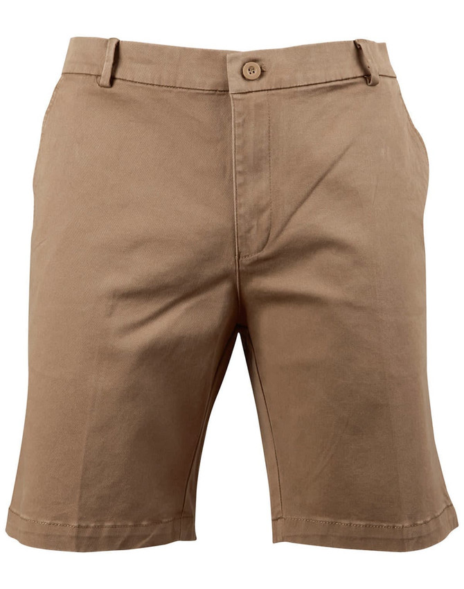 Men's stretch cotton chino shorts in a light brown colour, featuring a button closure and pockets. Includes a logo.