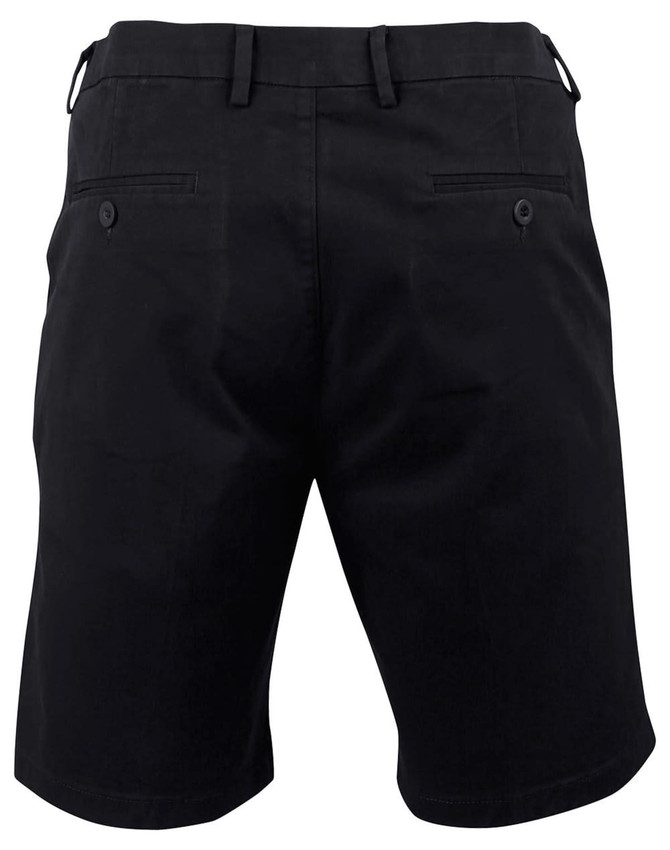 Men's stretch cotton chino shorts in black, featuring two back pockets and a waistband with loops.