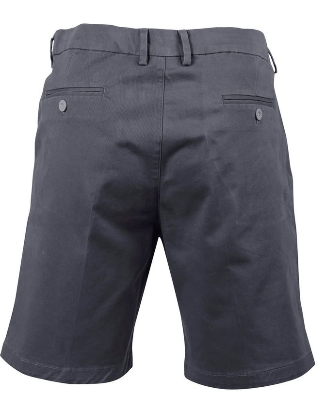 Men's stretch cotton chino shorts in dark grey, featuring a two-pocket design on the back and a logo.