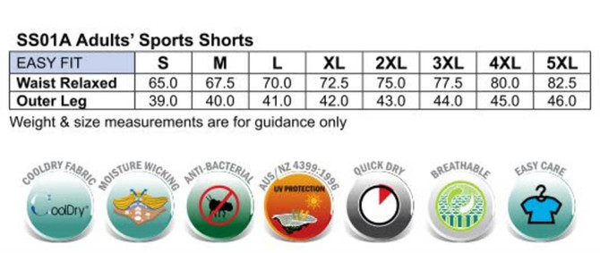 A pair of adult sports shorts in various sizes, featuring a logo, with details on waist and leg measurements.