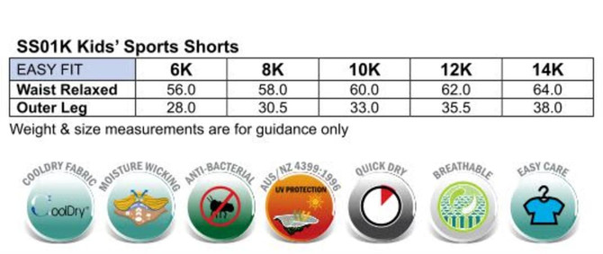 A table featuring size measurements for Kids CoolDry Sports Shorts, highlighting various fit options and fabric properties.