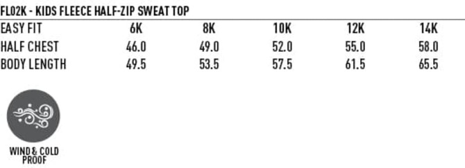 A kid's fleecy half-zip sweat top in various sizes, featuring a logo, available in a soft fleece fabric.