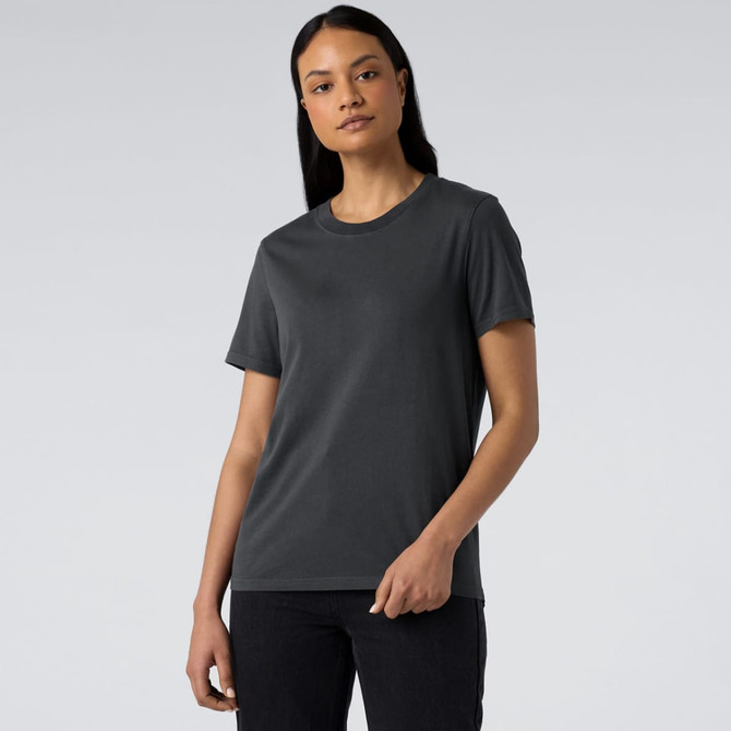 A women's dark grey t-shirt with a classic fit and a logo on the front, displayed against a light background.