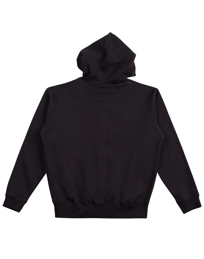 A black men's full-zip fleecy hoodie with a hood and ribbed cuffs, featuring a logo on the back.