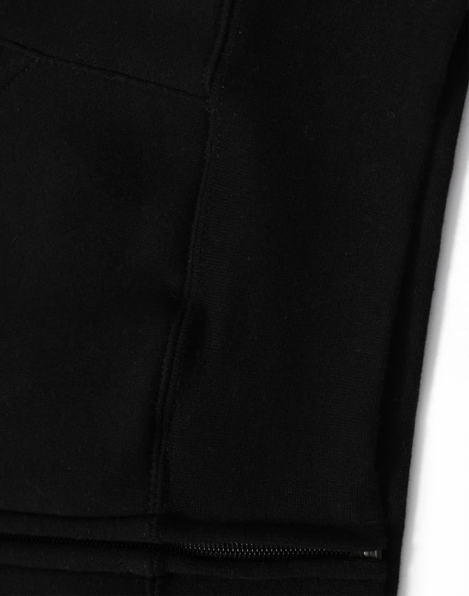A black men's full-zip fleecy hoodie featuring a zippered pocket and a logo.