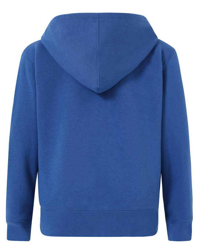 A blue full-zip fleecy hoodie with a hood and ribbed cuffs. Features a plain design with a logo on the front.
