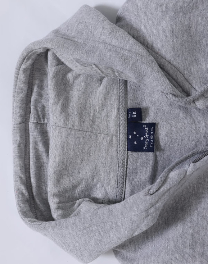 A grey kid's full-zip fleecy hoodie with a hood and a label inside.