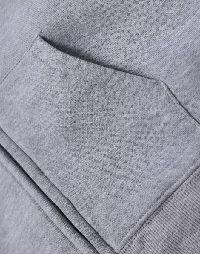 A grey full-zip fleecy hoodie featuring a front kangaroo pocket and ribbed cuffs. Includes a logo.