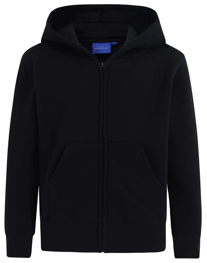 A black full-zip fleecy hoodie with a hood and front pockets. It features a logo on the fabric.