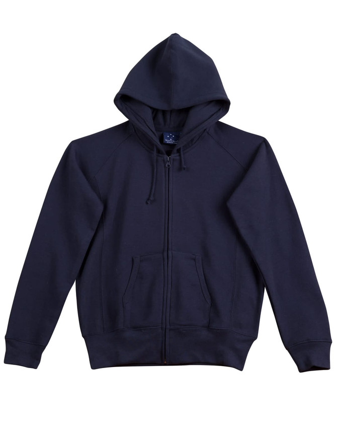 A navy full-zip fleecy hoodie featuring a hood and front pockets, with a logo on the fabric.