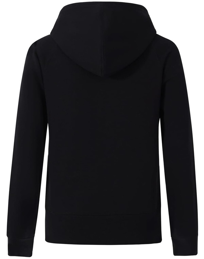 A black full-zip fleecy hoodie featuring a hood and ribbed cuffs. Includes a logo on the back.