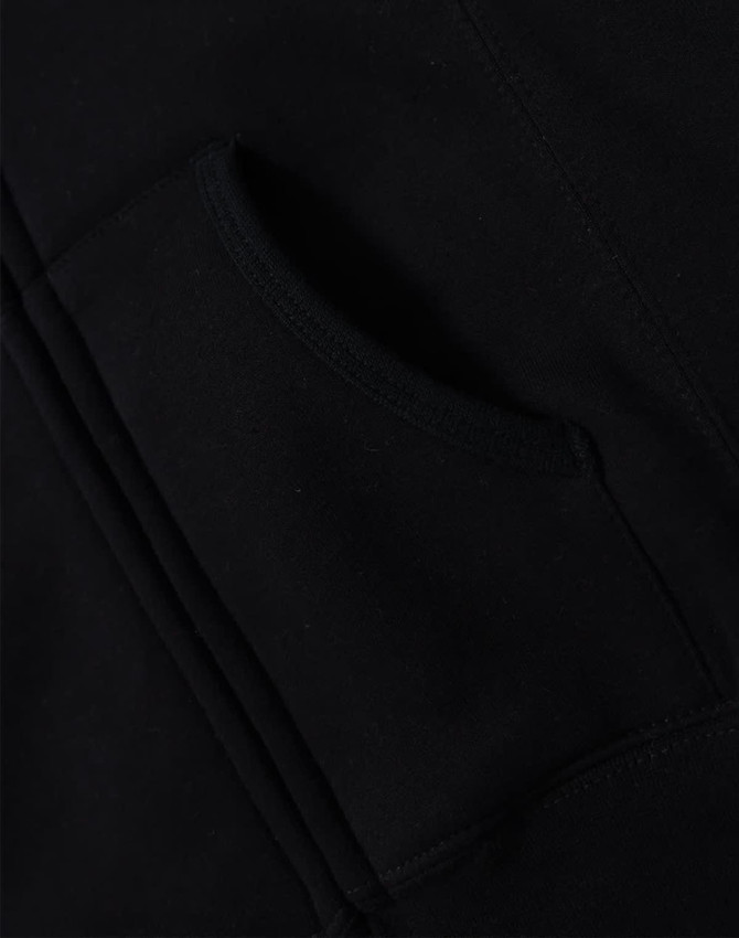A black full-zip fleecy hoodie featuring a front pocket and stitched detailing. Includes a logo.