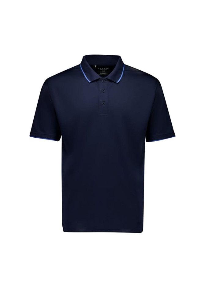 A navy blue men's short sleeve polo shirt with contrasting trim and a collar. It features a logo on the chest.