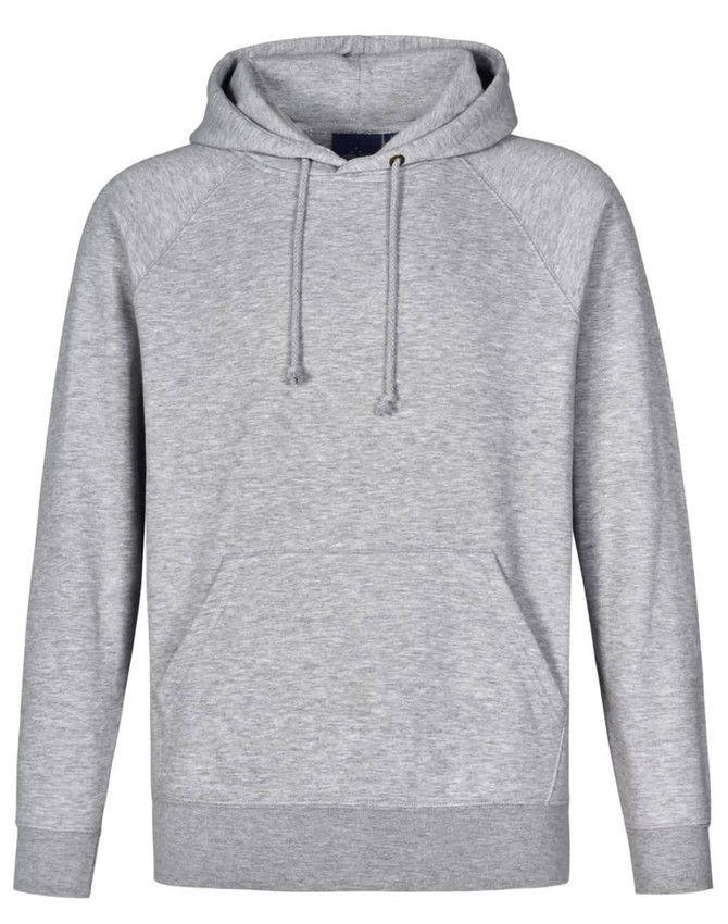 A grey men's fleecy hoodie featuring a kangaroo pocket and a drawstring hood. It has a logo on the chest.