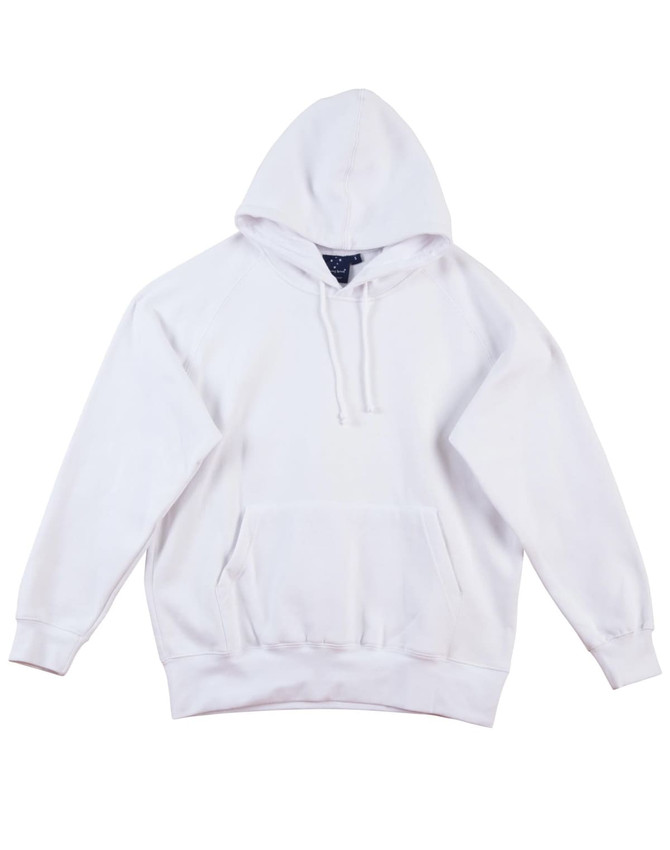 A white men's fleecy hoodie with a front pocket and a hood, featuring a logo.