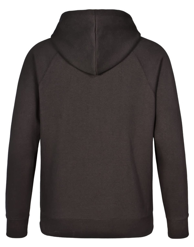 A dark brown men's fleecy hoodie featuring a hood and long sleeves. Includes a logo on the back.