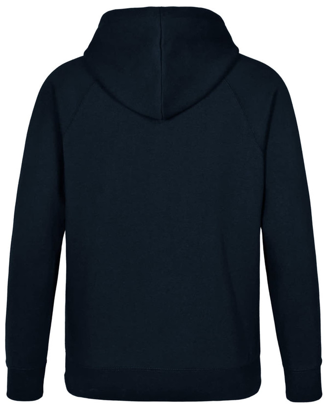 A navy blue men's fleecy hoodie featuring a full hood and long sleeves, with a logo on the back.
