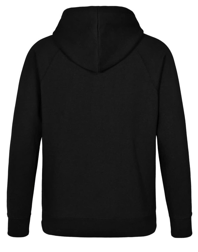 A black men's fleecy hoodie featuring a hood and long sleeves, with a simple design and an unprinted back.
