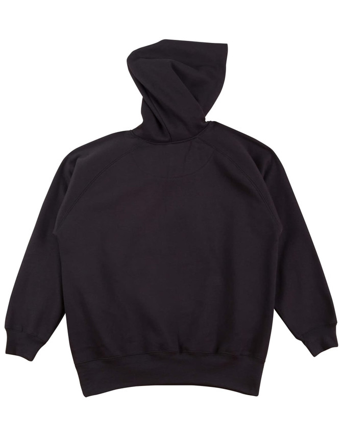 A black kids' fleece hoodie with a hood and raglan sleeves, featuring a plain back and ribbed cuffs.
