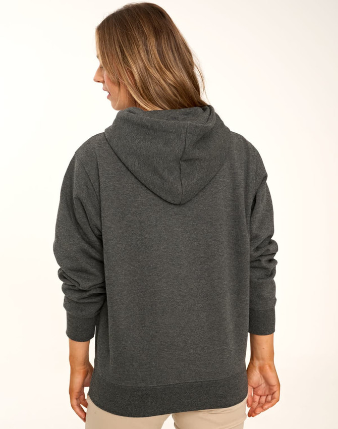 A grey fleecy hoodie with a close front and a hood, featuring long sleeves and a relaxed fit.