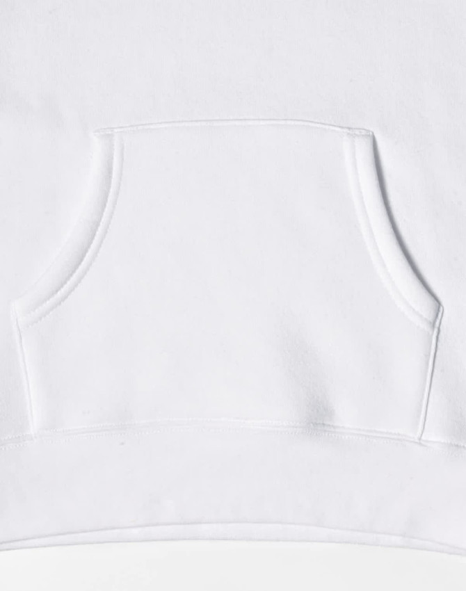 A white fleece hoodie featuring a front pocket and a smooth texture. It includes a logo detail.