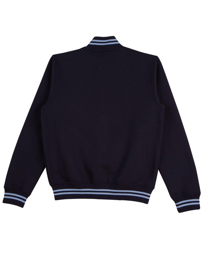 A navy fleece varsity jacket featuring a ribbed collar and striped cuffs. Includes a logo on the back.