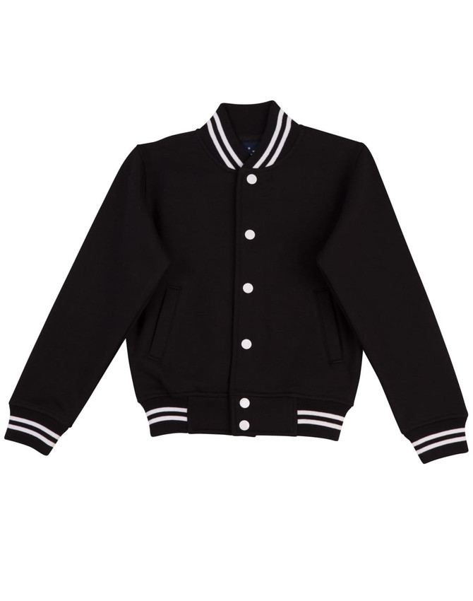 A black kids' fleece varsity jacket with white striped ribbing and a branded logo. Features front pockets and snap buttons.