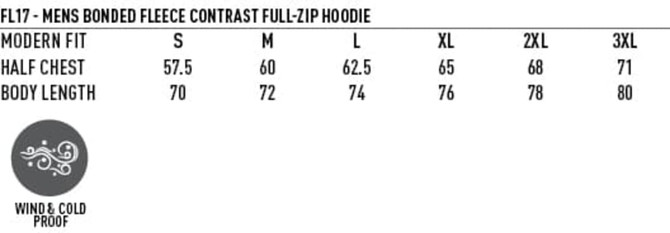 A full zip contrast fleece hoodie in various sizes, featuring a modern fit and wind and cold proof properties.