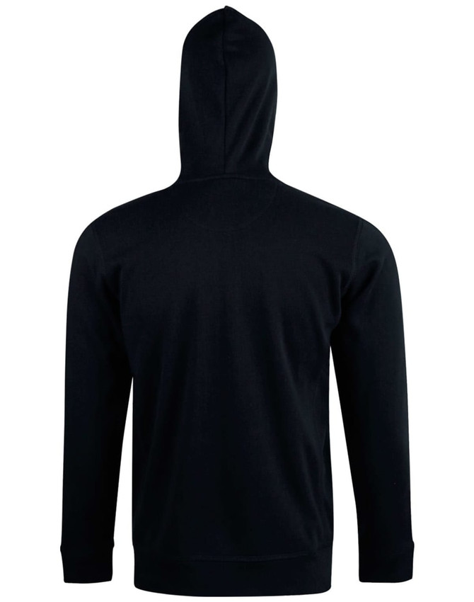 A black men's full zip contrast fleece hoodie with a hood, featuring long sleeves and a simple design.