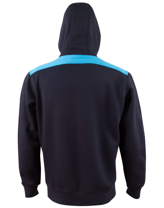 A black hoodie with a blue contrast panel across the shoulders and a hood. It features a logo on the back.
