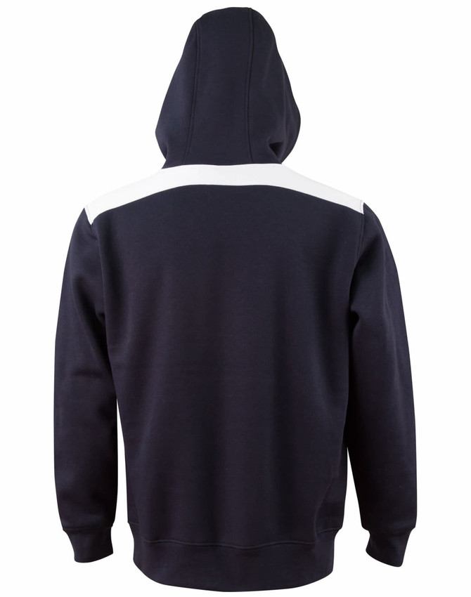A navy hoodie featuring a contrasting white panel across the shoulders, with a hood and kangaroo pocket.