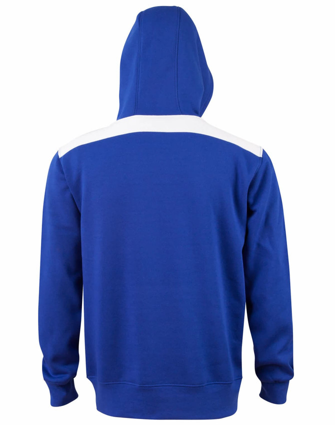 A blue kids' hoodie featuring a white contrast panel across the shoulders and a kangaroo pocket. It has a hood and a logo.