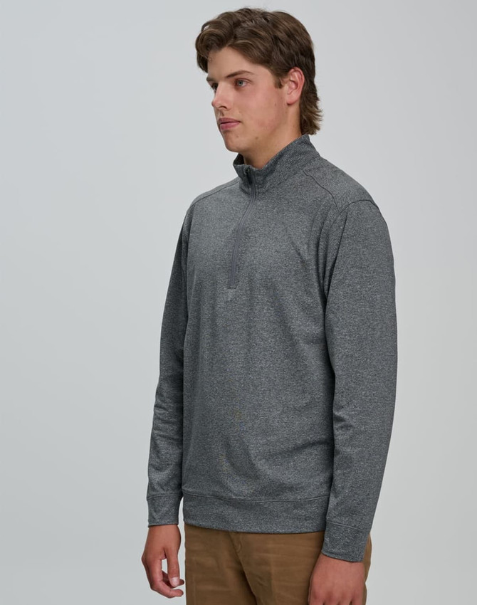 A grey men's half zip long sleeve sweat top with a casual fit and a subtle logo.