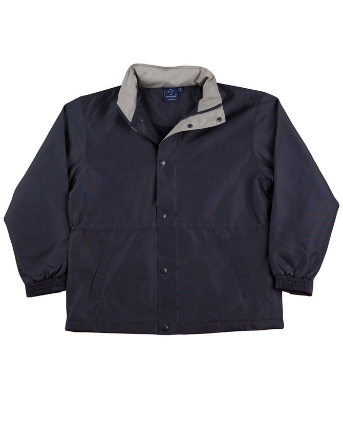 A navy and grey varsity jacket featuring a collared neckline and snap button closure. It has side pockets and an inner lining.