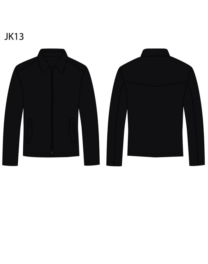 A black wool blend corporate jacket with two pockets and a simple collar, featuring a logo on the front.