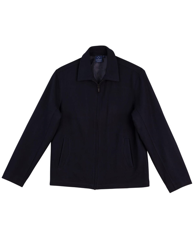 A navy wool blend corporate jacket featuring a zip front and side pockets, with a logo on the interior.
